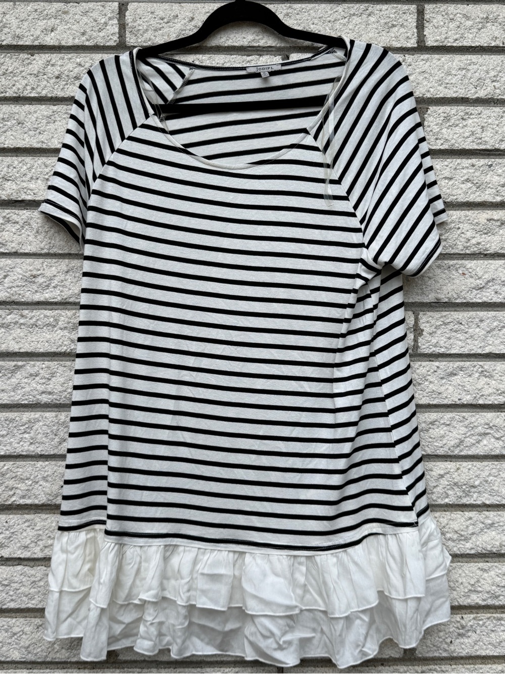 JODIFL Black & White Striped Ruffle-Hem Tunic
